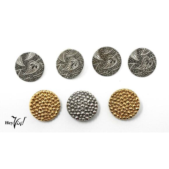 Lot of 7 Vintage Stamped Metal on Black Glass Buttons w Leaf Dot Motif - Hey Viv - Picture 1 of 4